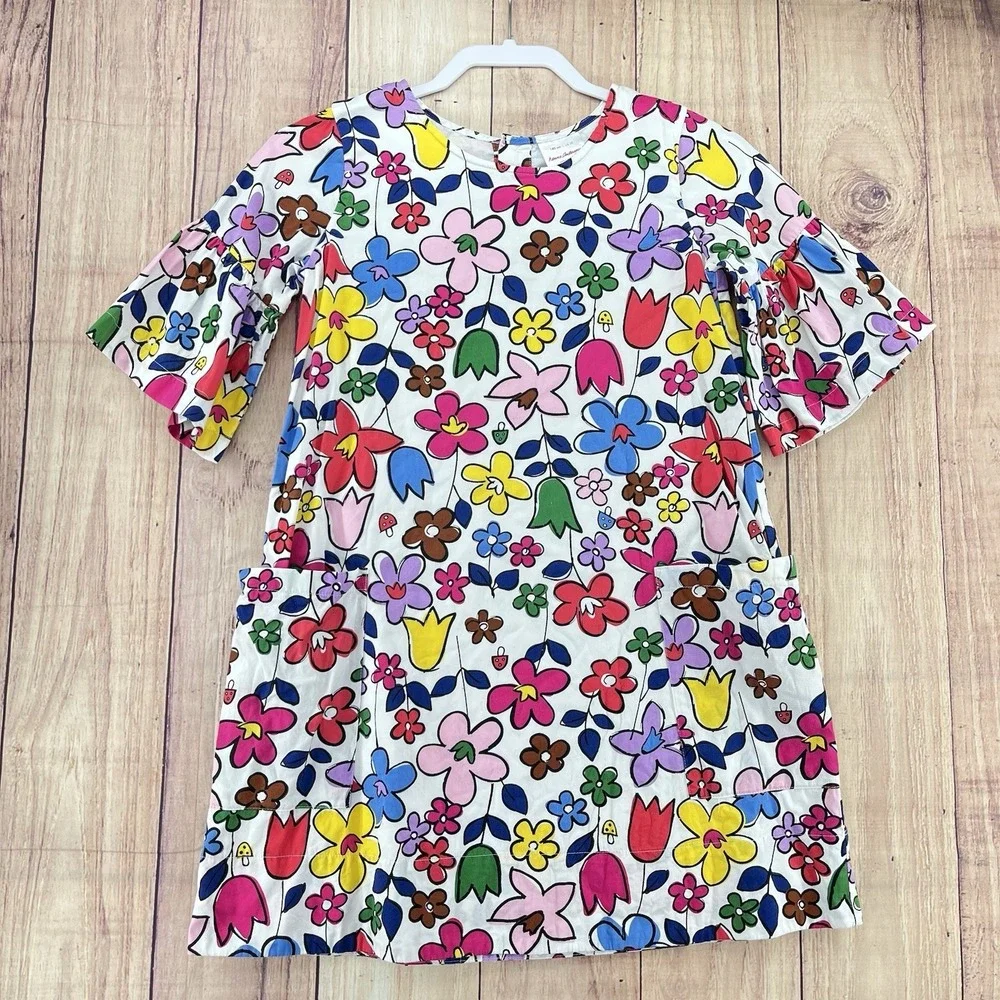 Hanna Andersson Girls Sz 10 Floral Mushroom Printed Mini Dress Bell‎ Sleeve